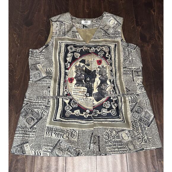 Silks Sz 1X 100% Silk Old German Royal King Newspaper Print Vest Jacket Funky - Picture 1 of 11
